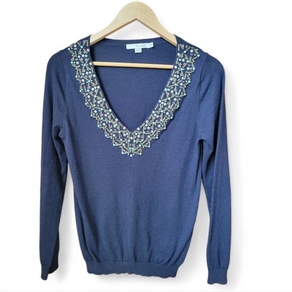 BODEN Embellished V-Neck Lightweight Knit Sweater Navy Blue Size 6 - Picture 2 of 6